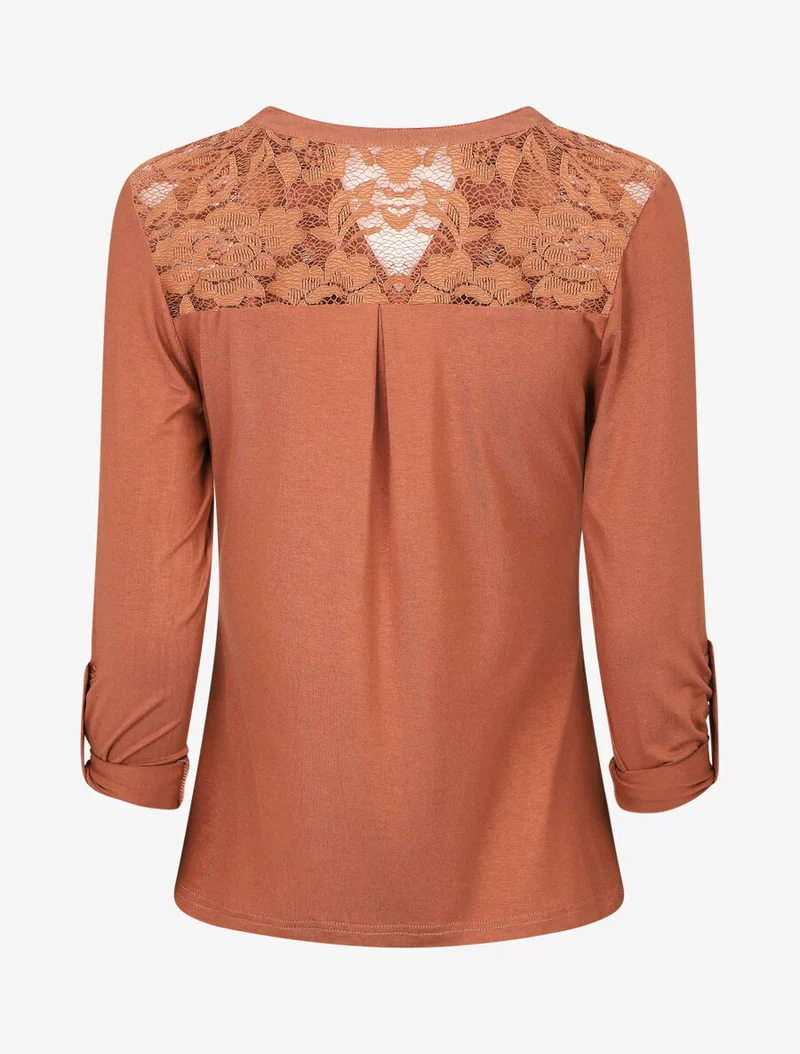 Top uni manches longues et dentelle - Camel