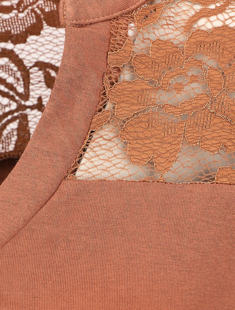 Top uni manches longues et dentelle - Camel