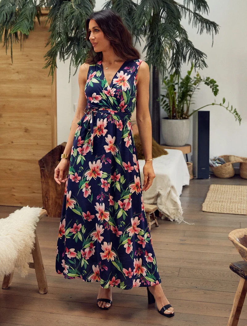 Robe longue à imprimé fleurs - Marine