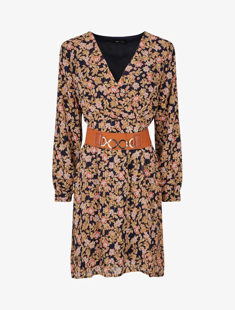 Robe mi-longue à imprimé fleuri et détail irisée - Marine