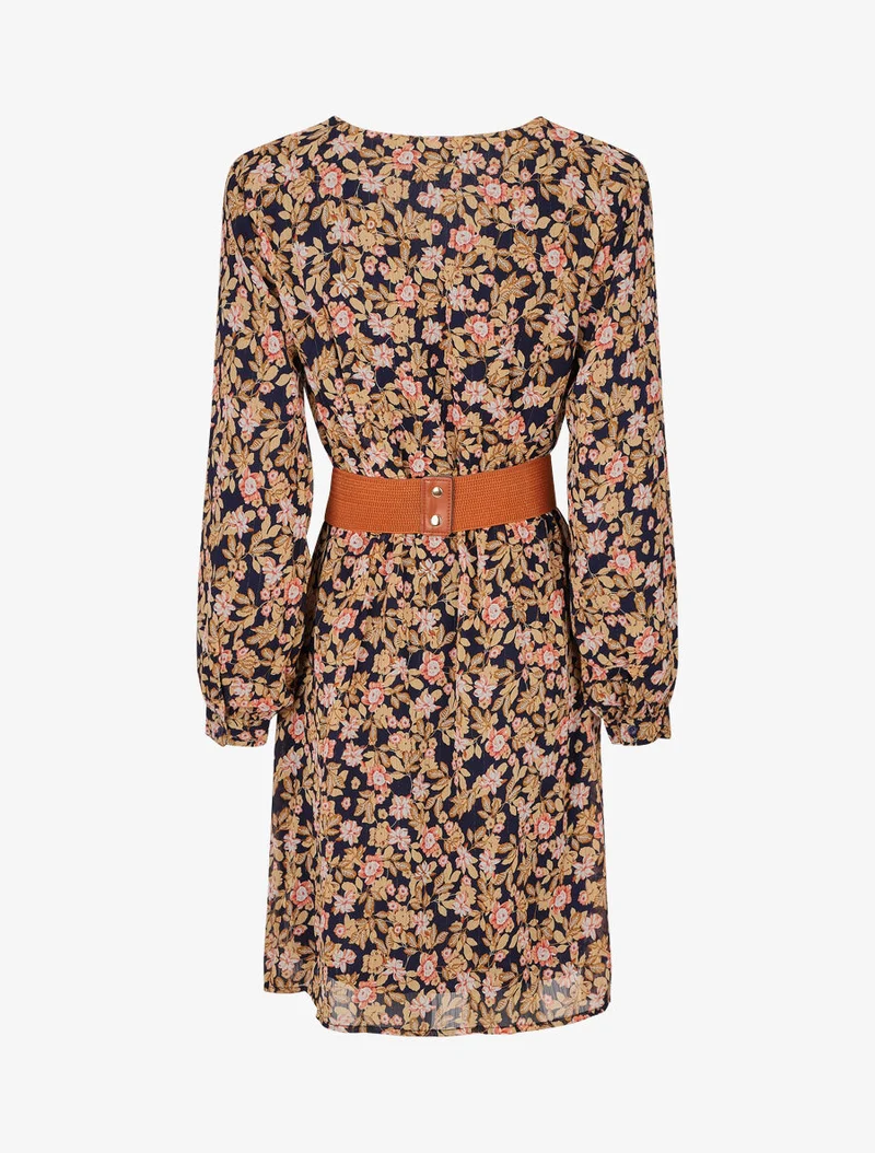 Robe mi-longue à imprimé fleuri et détail irisée - Marine