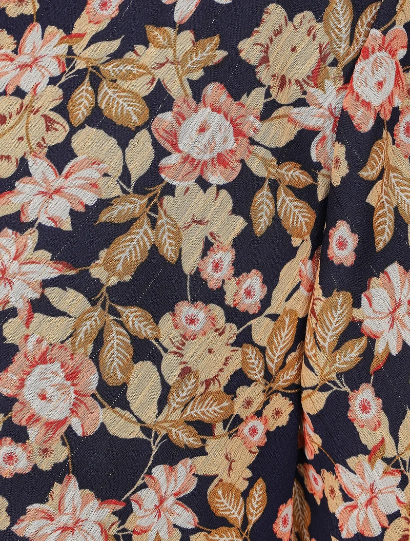 Robe mi-longue à imprimé fleuri et détail irisée - Marine
