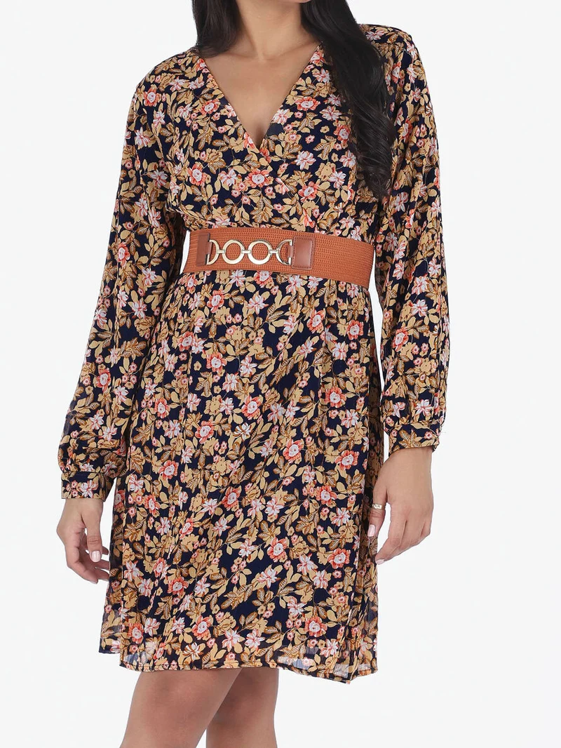 Robe mi-longue à imprimé fleuri et détail irisée - Marine