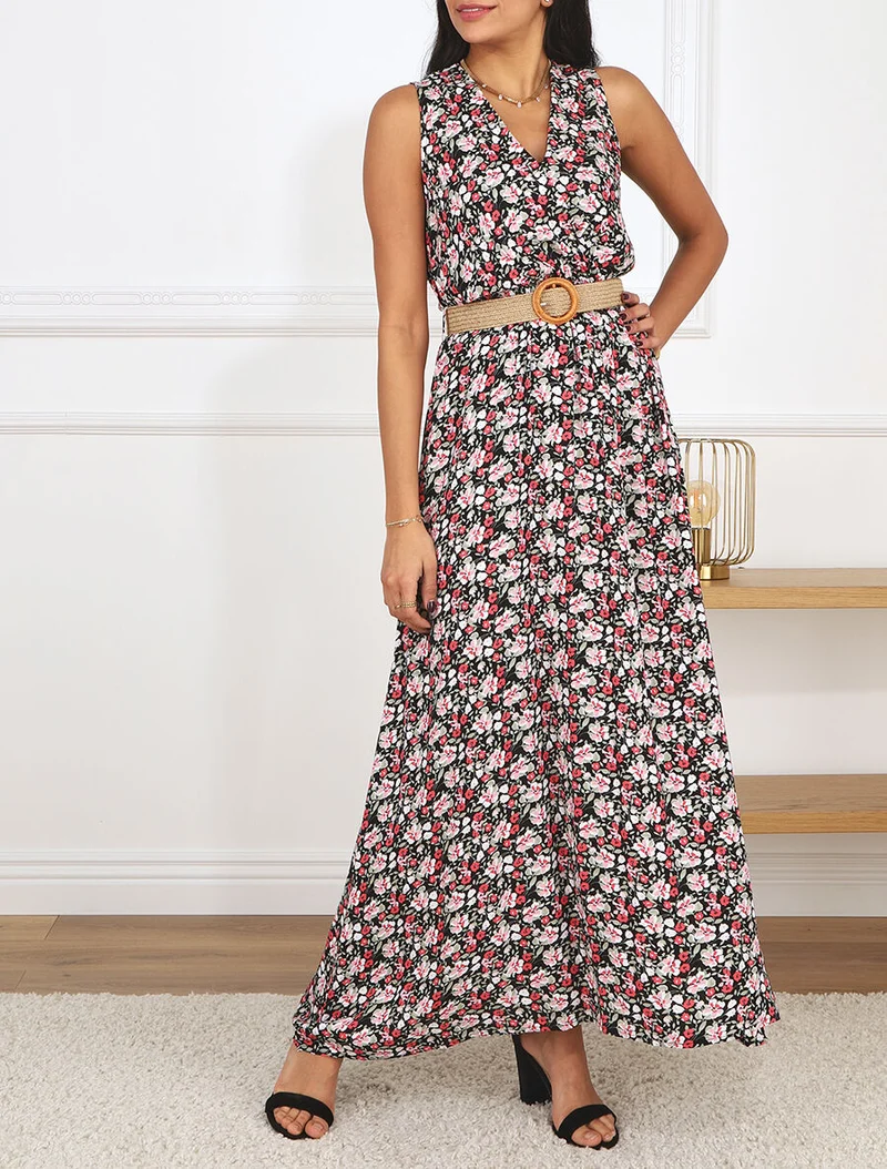 Robe longue à imprimé petites fleurs - Noir