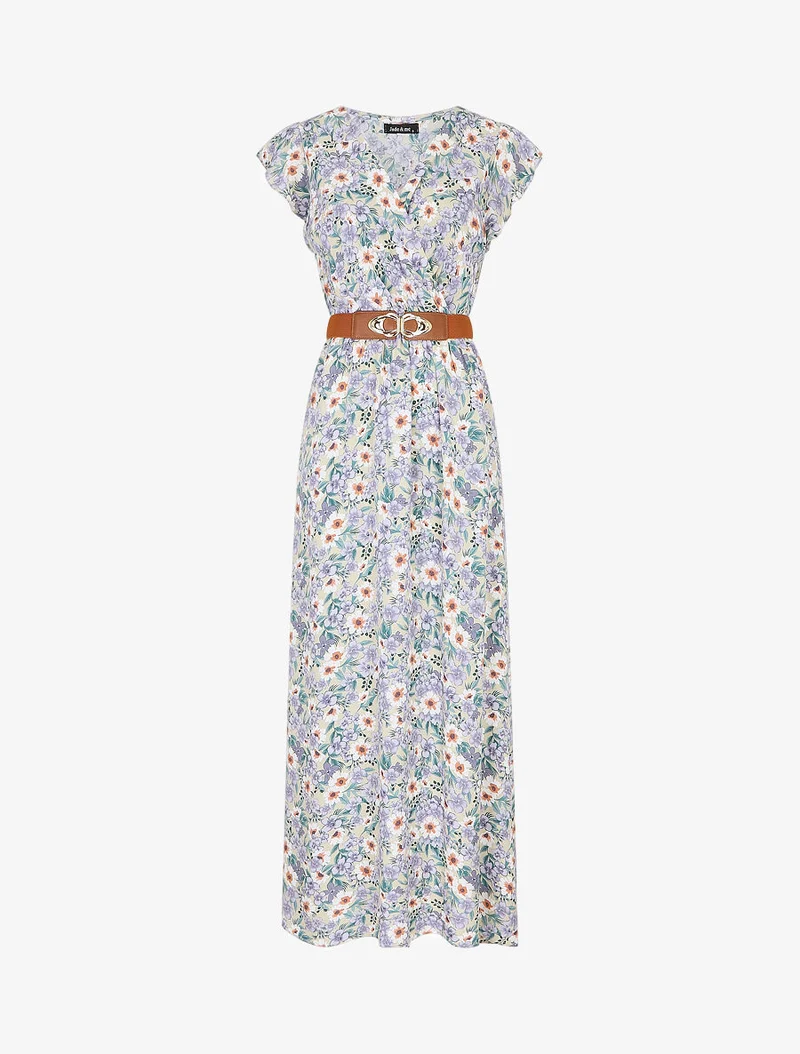 Robe longue imprimé fleuri à manches volantées - Beige