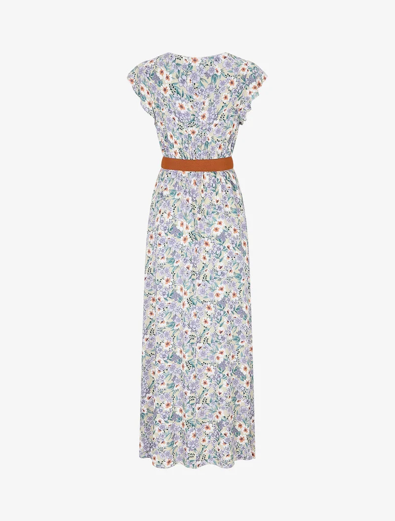 Robe longue imprimé fleuri à manches volantées - Beige