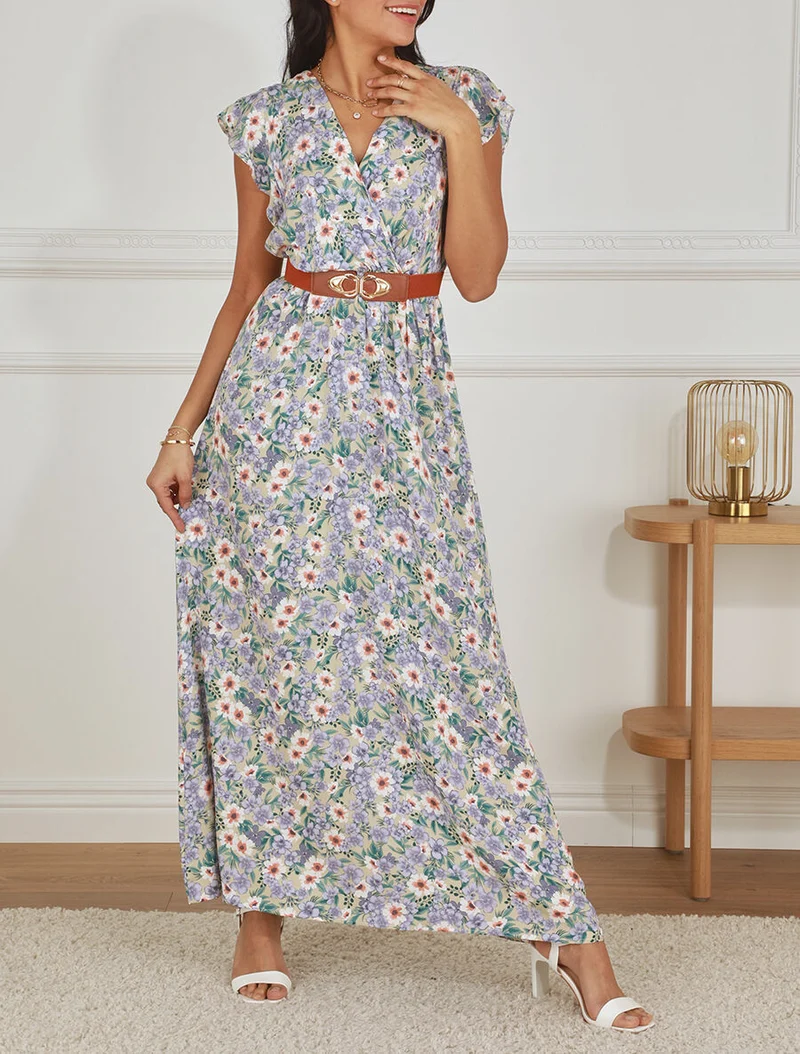 Robe longue imprimé fleuri à manches volantées - Beige