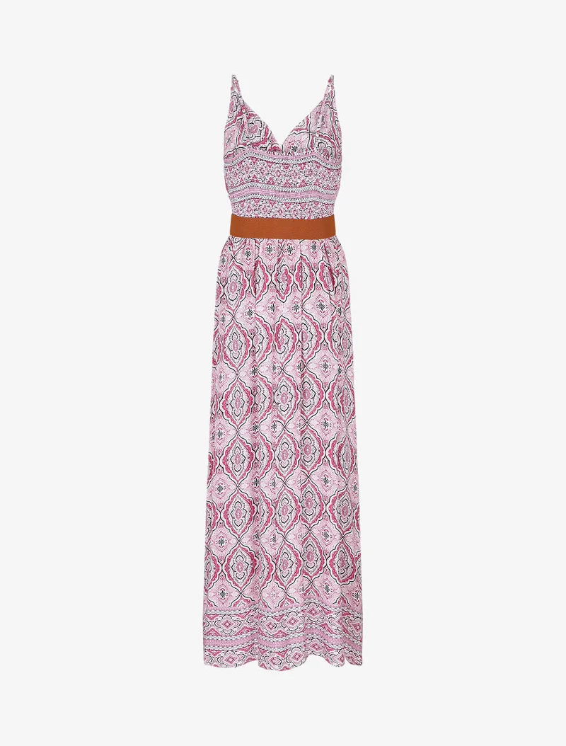 Robe longue empire à imprimé foulard - Rose