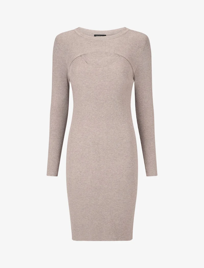 Robe mi-longue côtelée à décolleté ajouré - Taupe