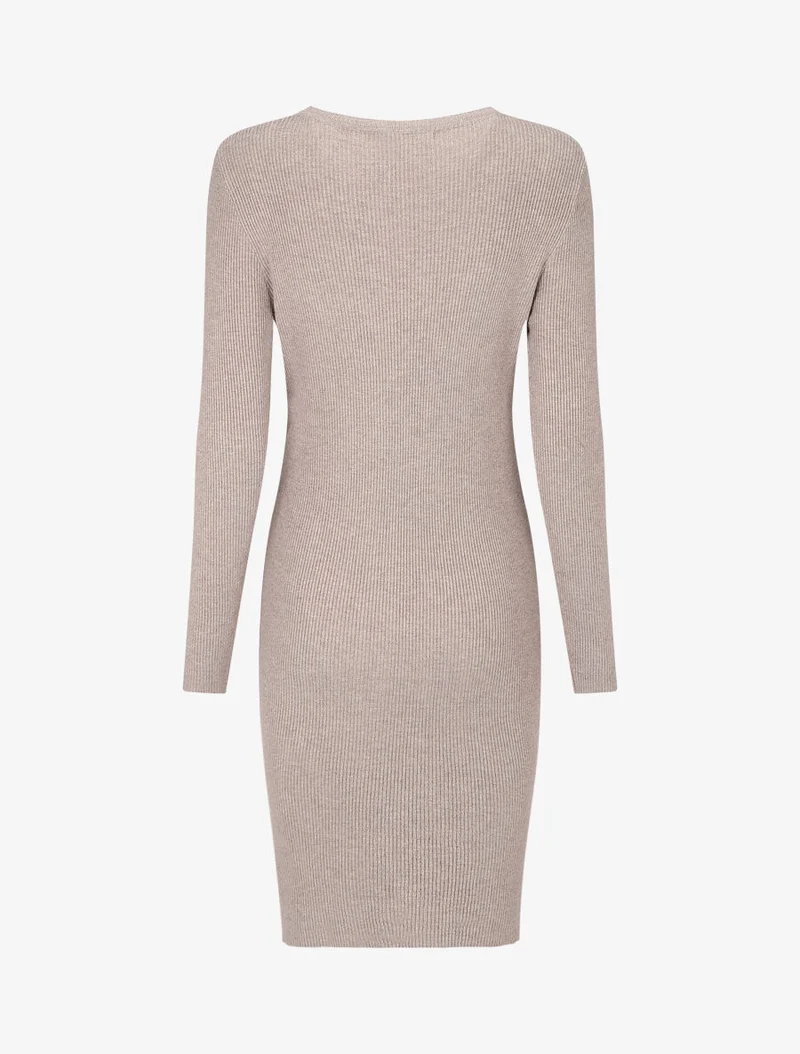 Robe mi-longue côtelée à décolleté ajouré - Taupe