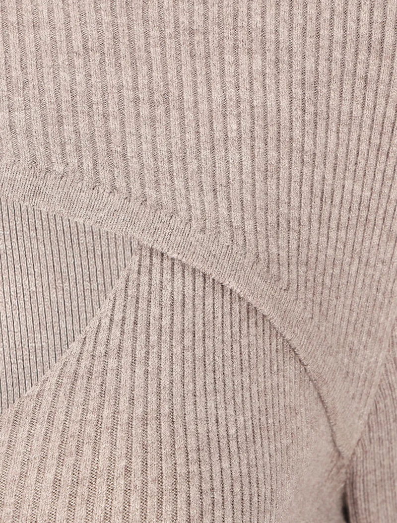 Robe mi-longue côtelée à décolleté ajouré - Taupe