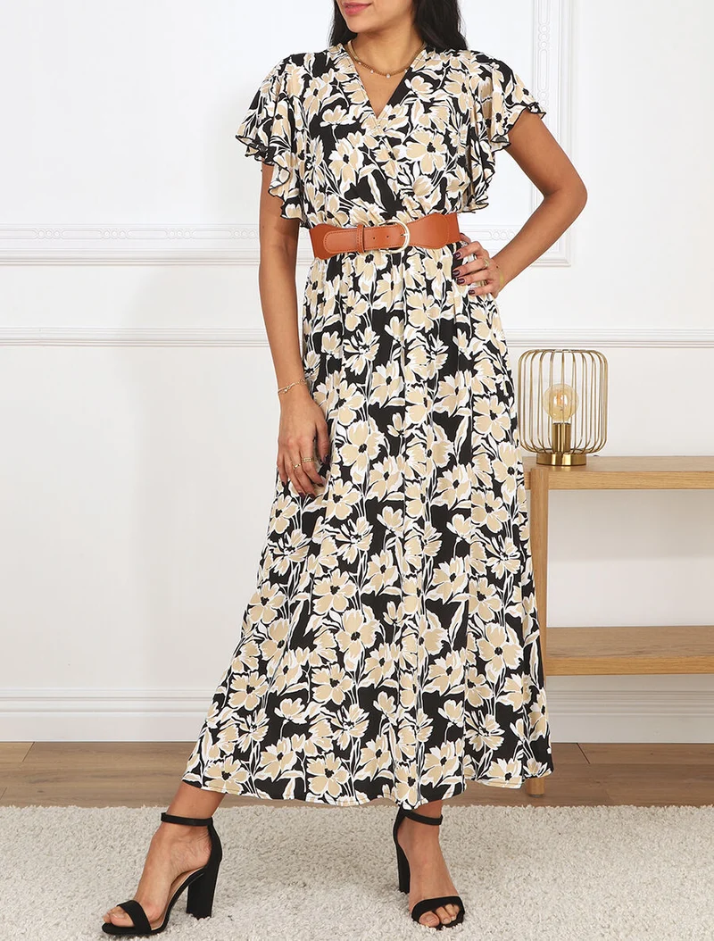 Robe longue empire à manches volantées - Noir