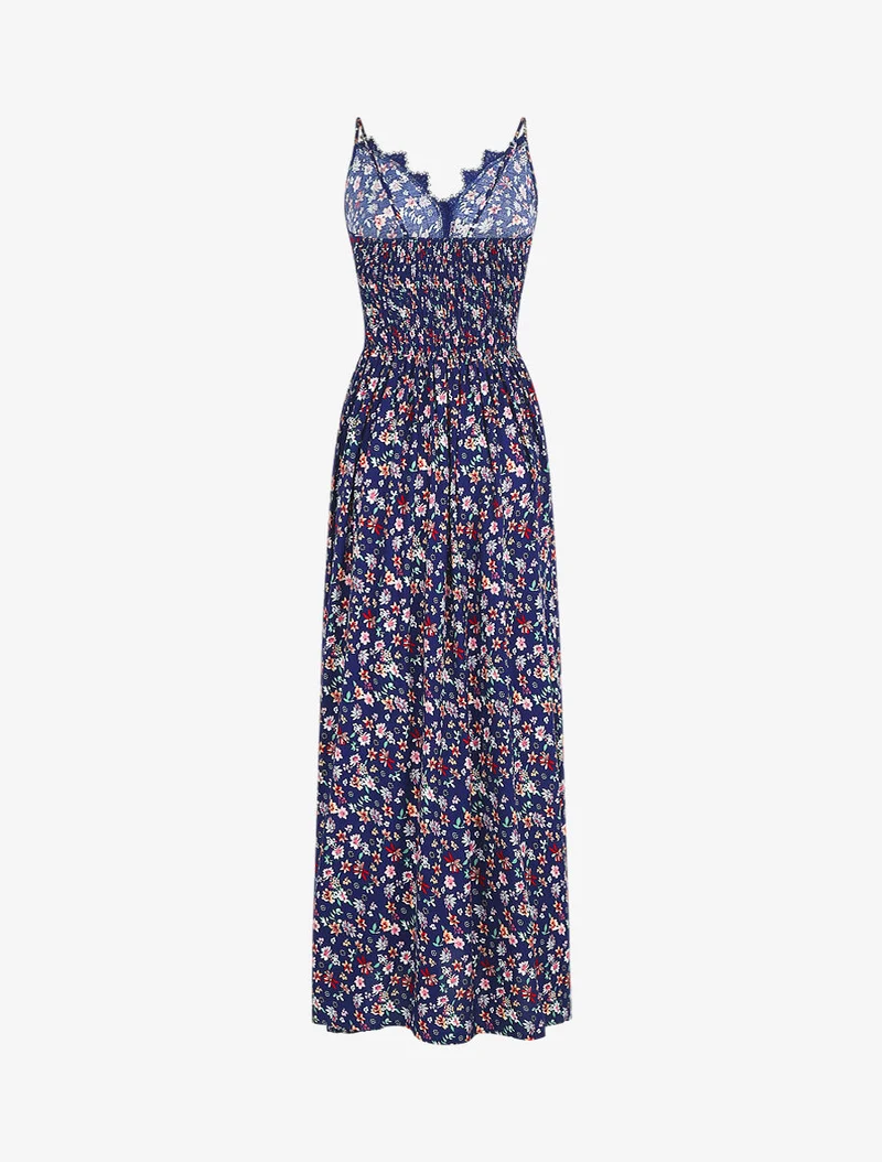 Robe longue à col dentelle et imprimé fleuri - Marine