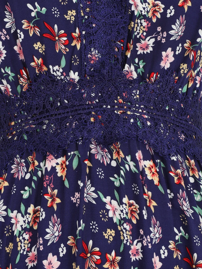 Robe longue à col dentelle et imprimé fleuri - Marine