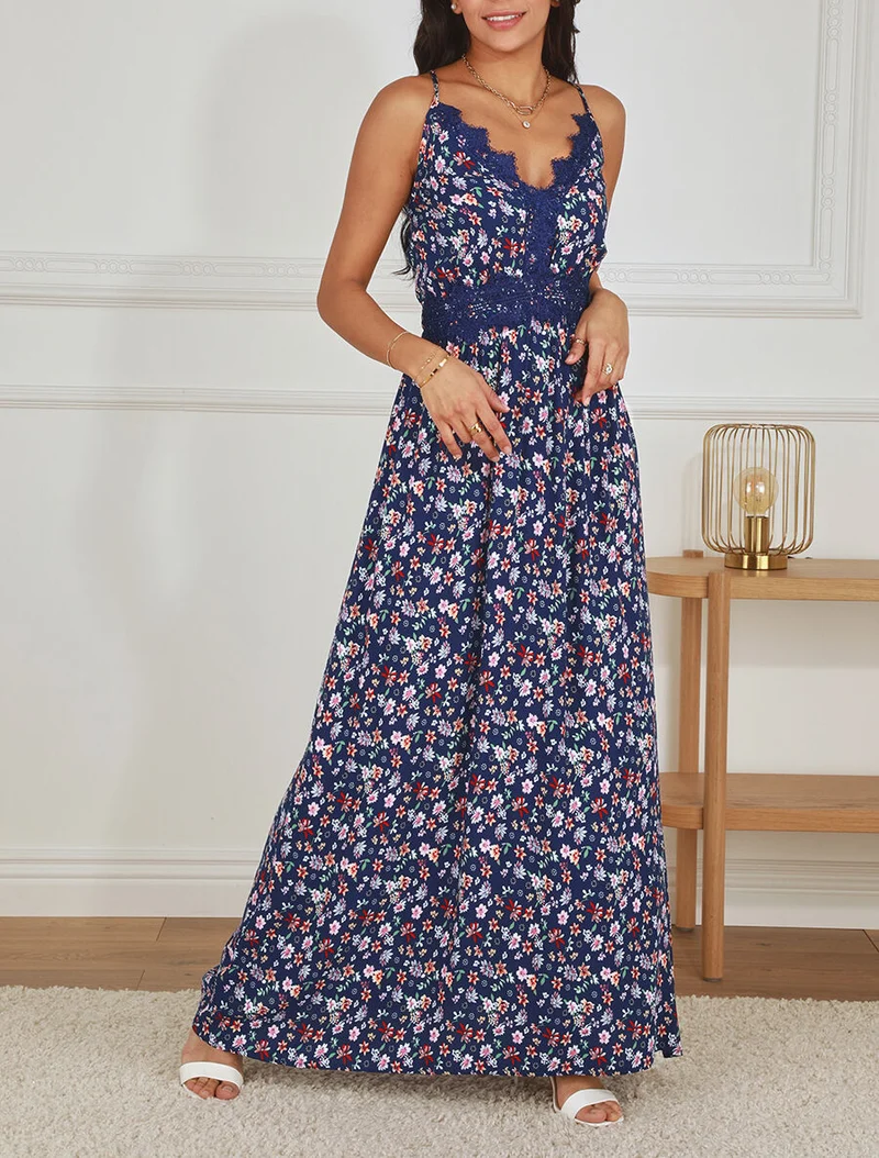 Robe longue à col dentelle et imprimé fleuri - Marine