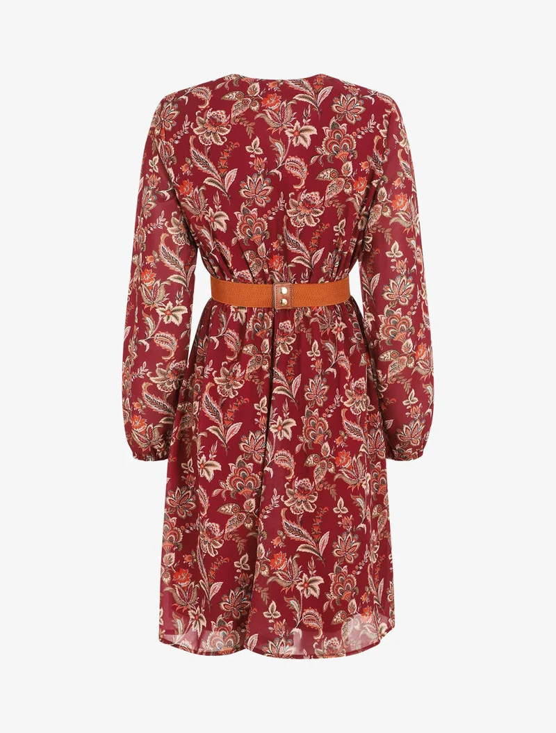 Robe courte évasée imprimé cachemire - Bordeaux