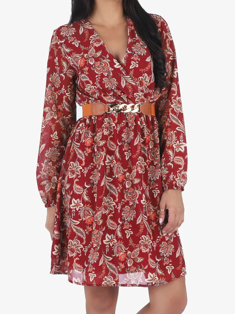 Robe courte évasée imprimé cachemire - Bordeaux