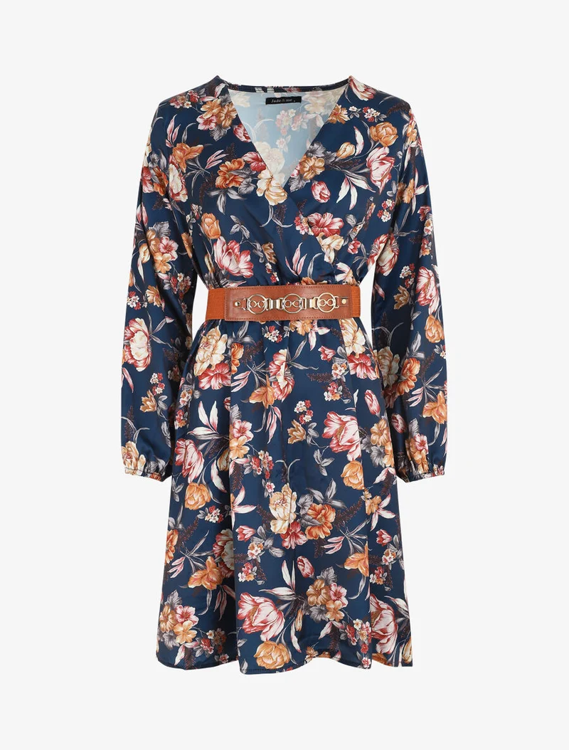 Robe satinée à imprimée floral - Marine