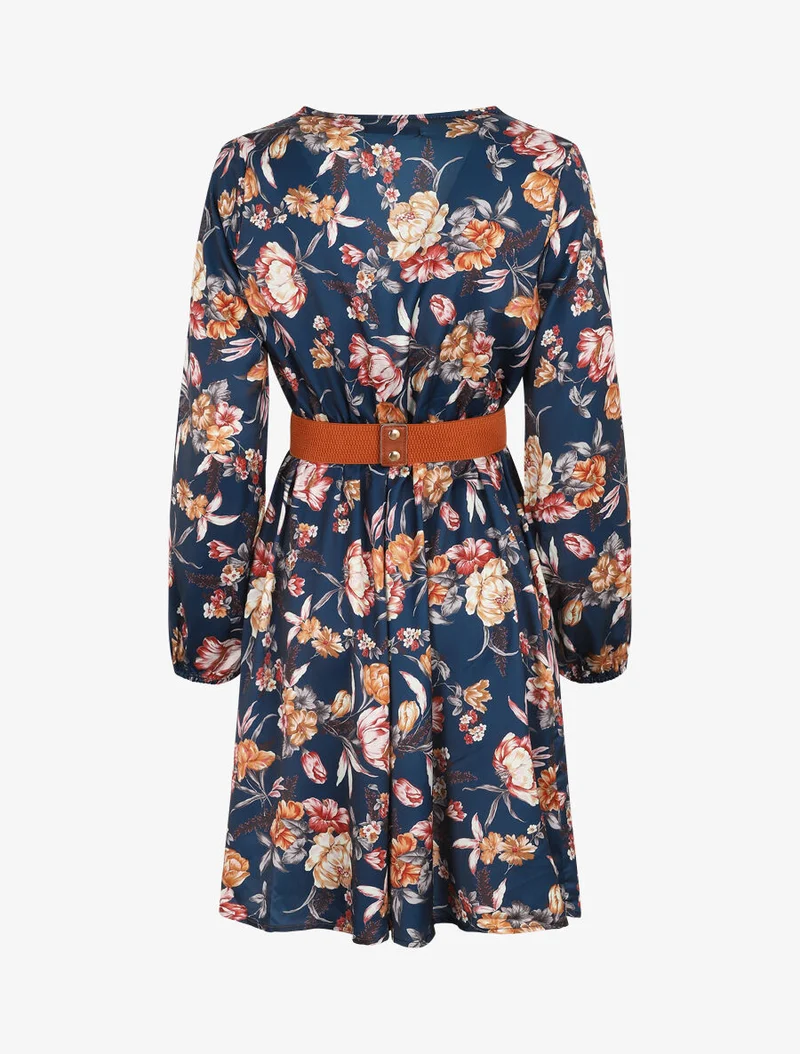 Robe satinée à imprimée floral - Marine
