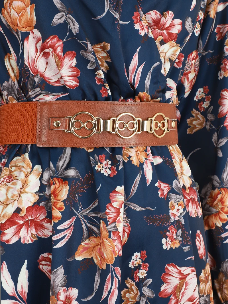 Robe satinée à imprimée floral - Marine
