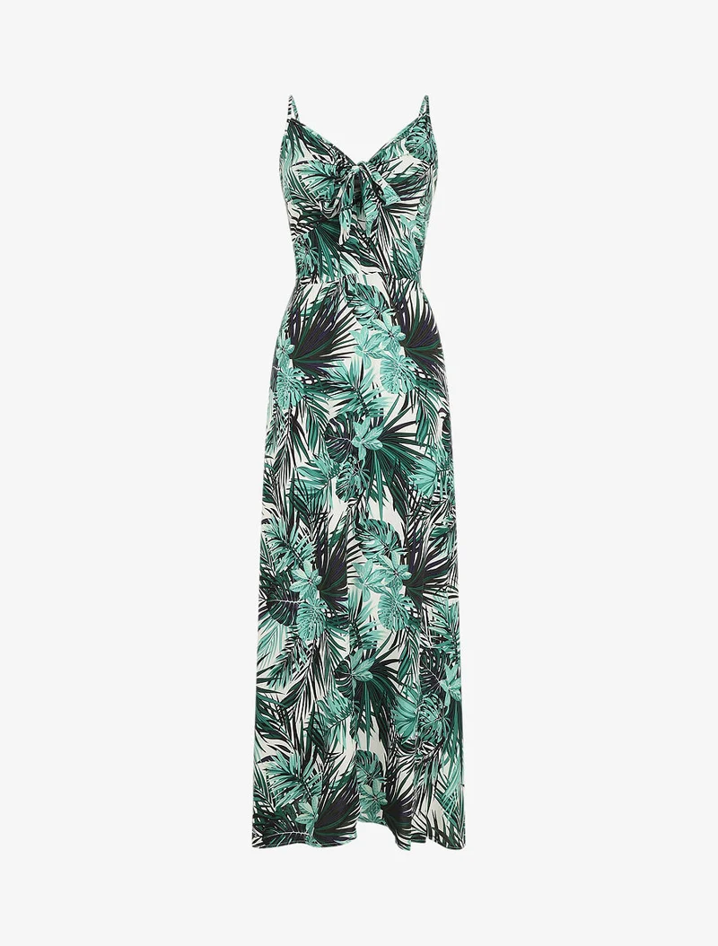 Robe longue imprimé feuillage et col à nouer - Blanc
