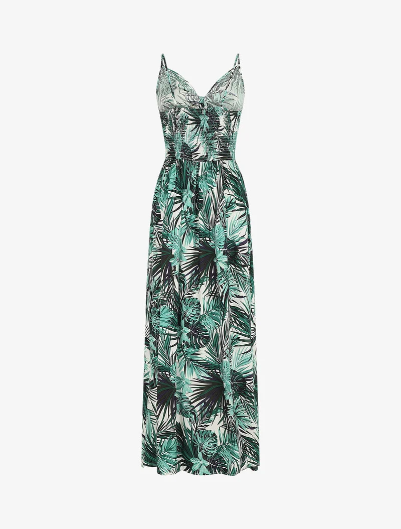 Robe longue imprimé feuillage et col à nouer - Blanc