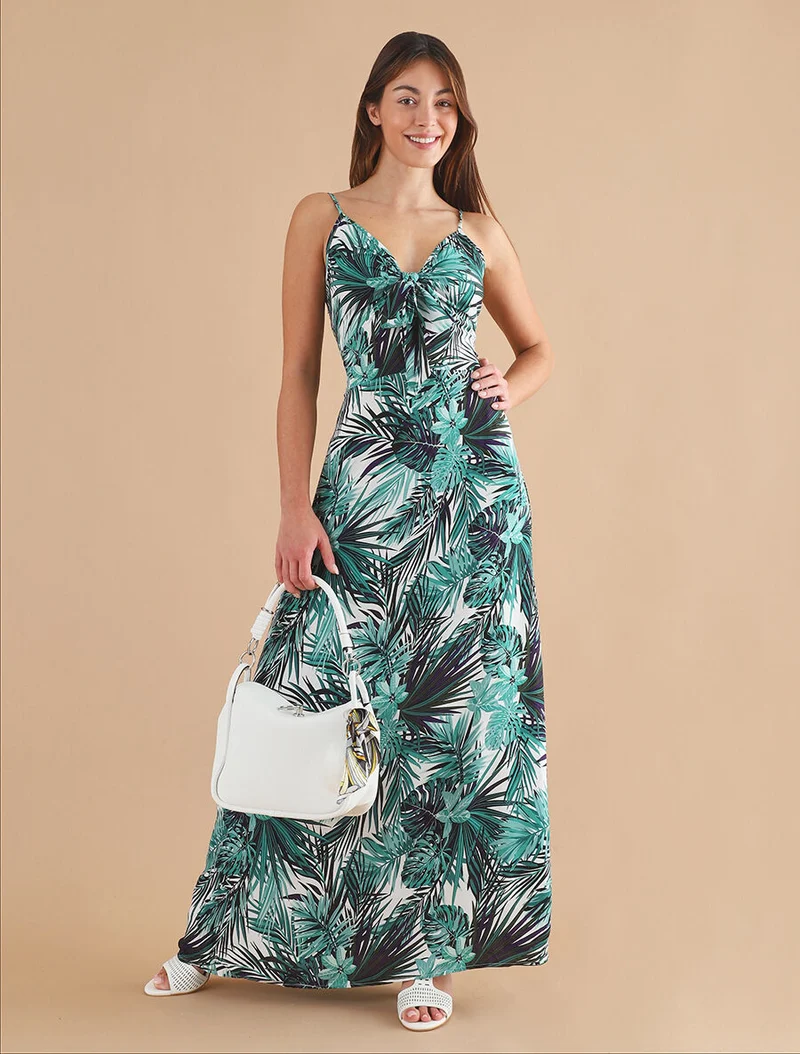Robe longue imprimé feuillage et col à nouer - Blanc