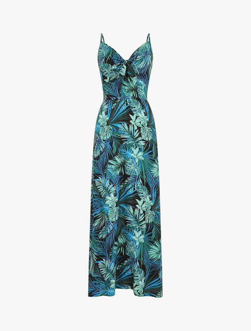 Robe longue imprimé feuillage et col à nouer - Noir