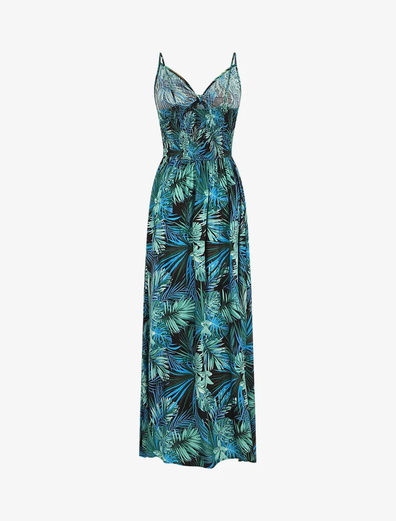 Robe longue imprimé feuillage et col à nouer - Noir