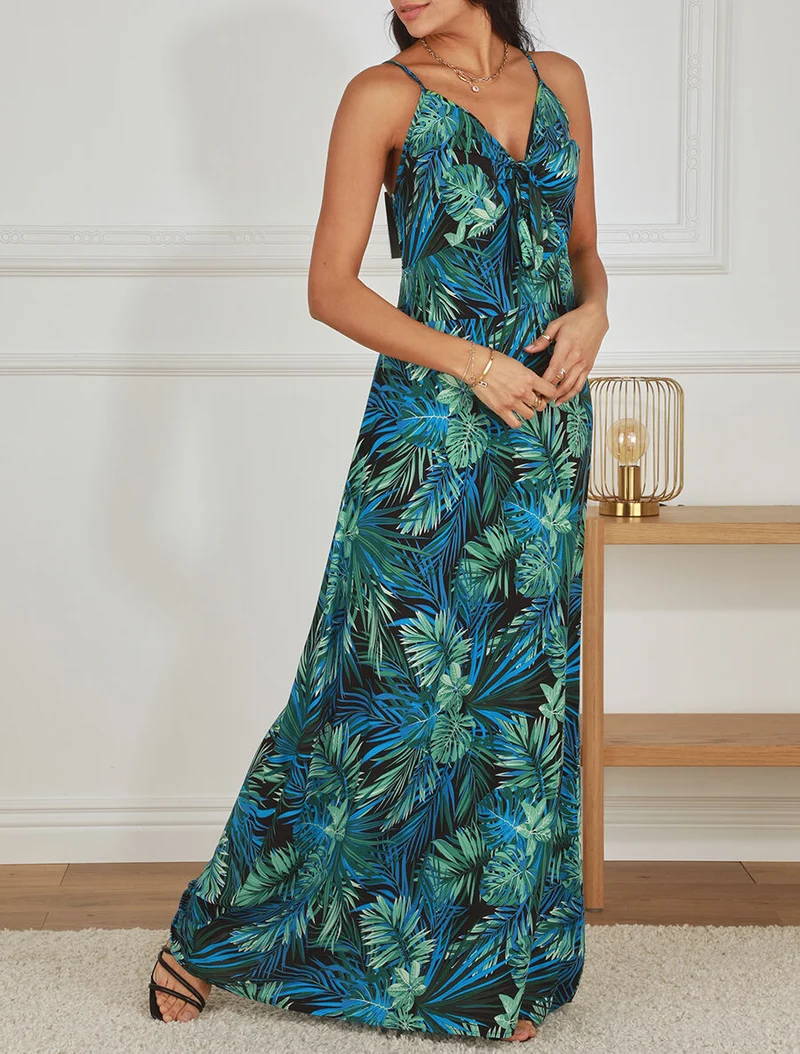 Robe longue imprimé feuillage et col à nouer - Noir