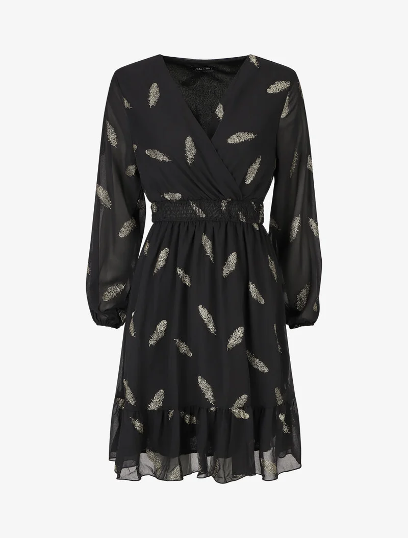 Robe mi-longue à imprimé plumes dorées - Noir