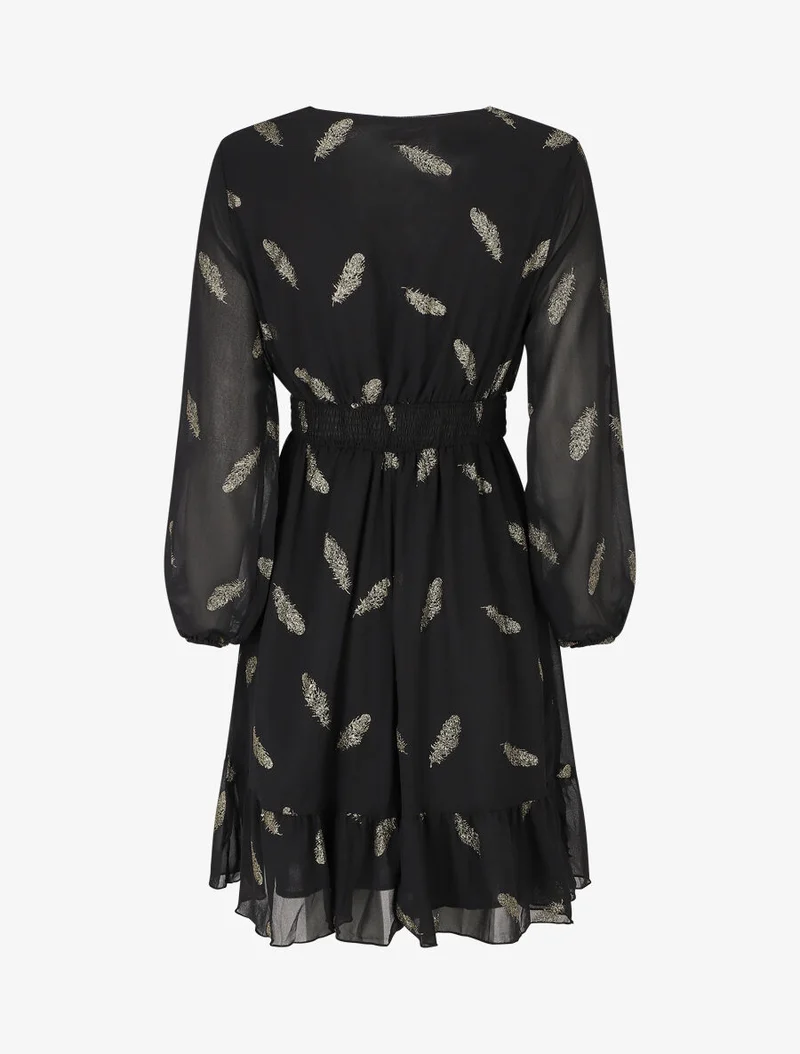 Robe mi-longue à imprimé plumes dorées - Noir