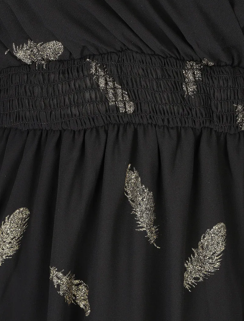 Robe mi-longue à imprimé plumes dorées - Noir