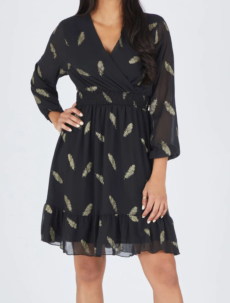 Robe mi-longue à imprimé plumes dorées - Noir