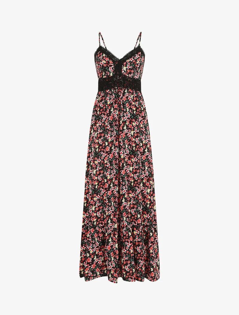 Robe longue à col dentelle et imprimé multi-fleurs - Noir