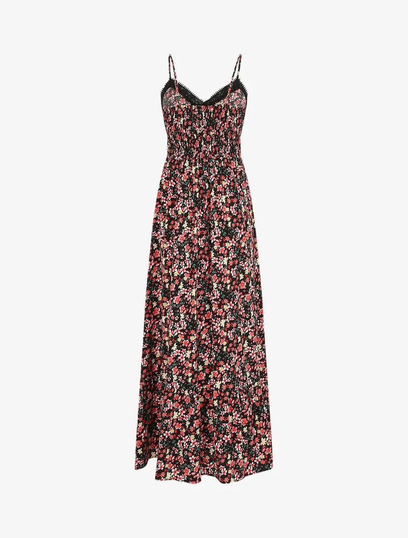 Robe longue à col dentelle et imprimé multi-fleurs - Noir