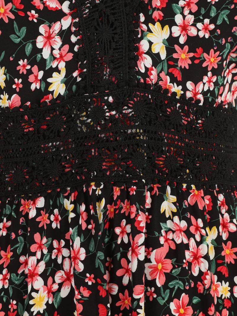 Robe longue à col dentelle et imprimé multi-fleurs - Noir