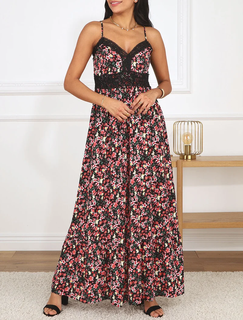 Robe longue à col dentelle et imprimé multi-fleurs - Noir