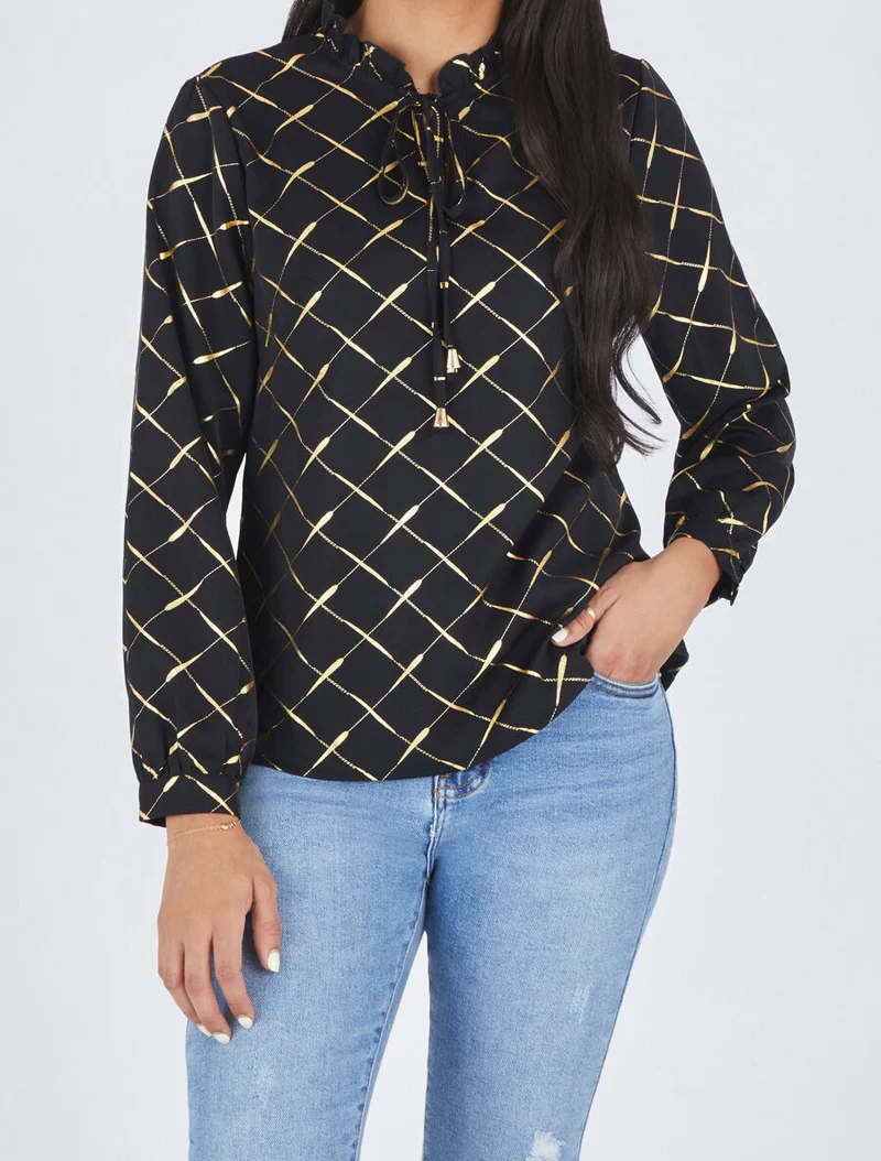 Blouse col V à imprimé dorés - Noir