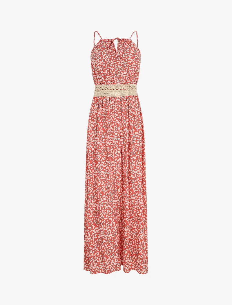 Robe longue à col américain et dentelle - Rose saumon