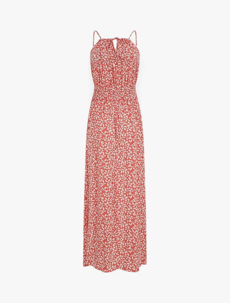 Robe longue à col américain et dentelle - Rose saumon