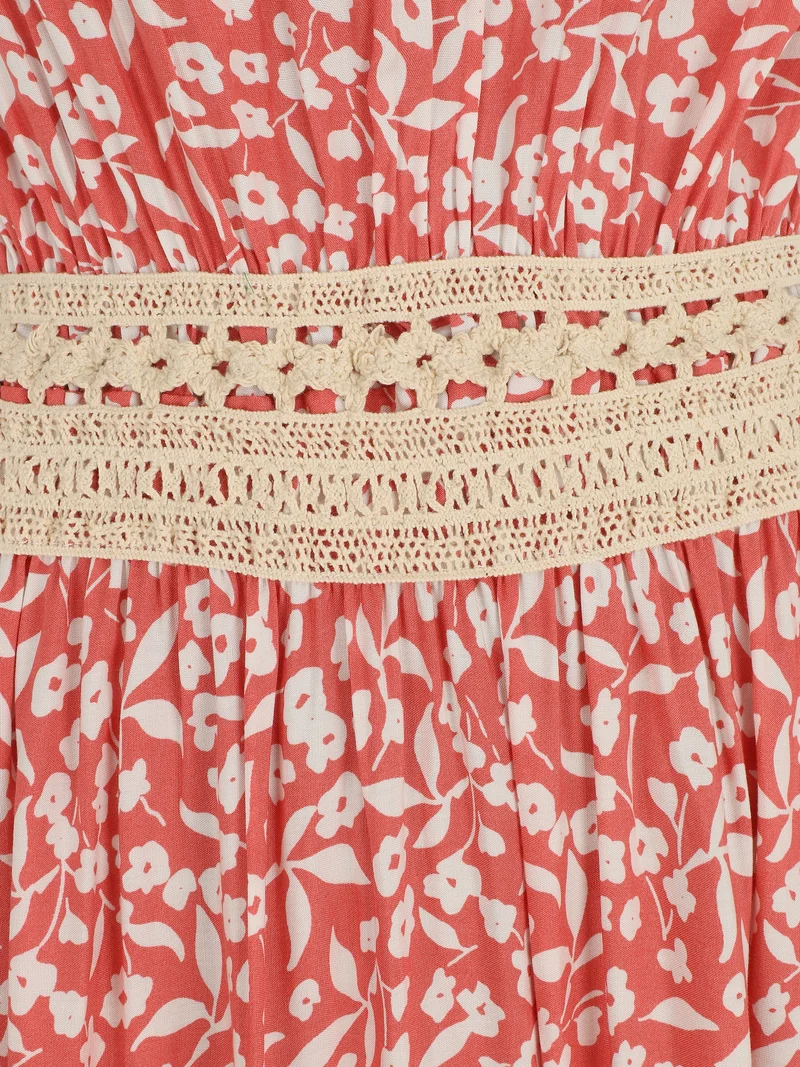 Robe longue à col américain et dentelle - Rose saumon