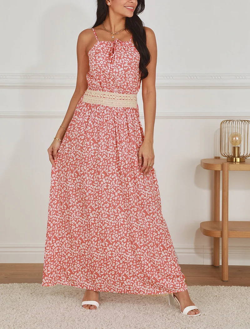 Robe longue à col américain et dentelle - Rose saumon