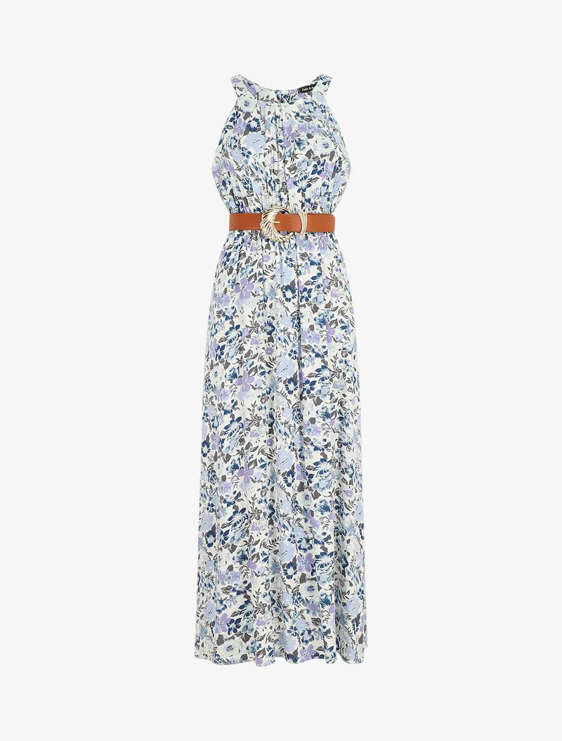 Robe longue empire à taille élastiquée - Bleu