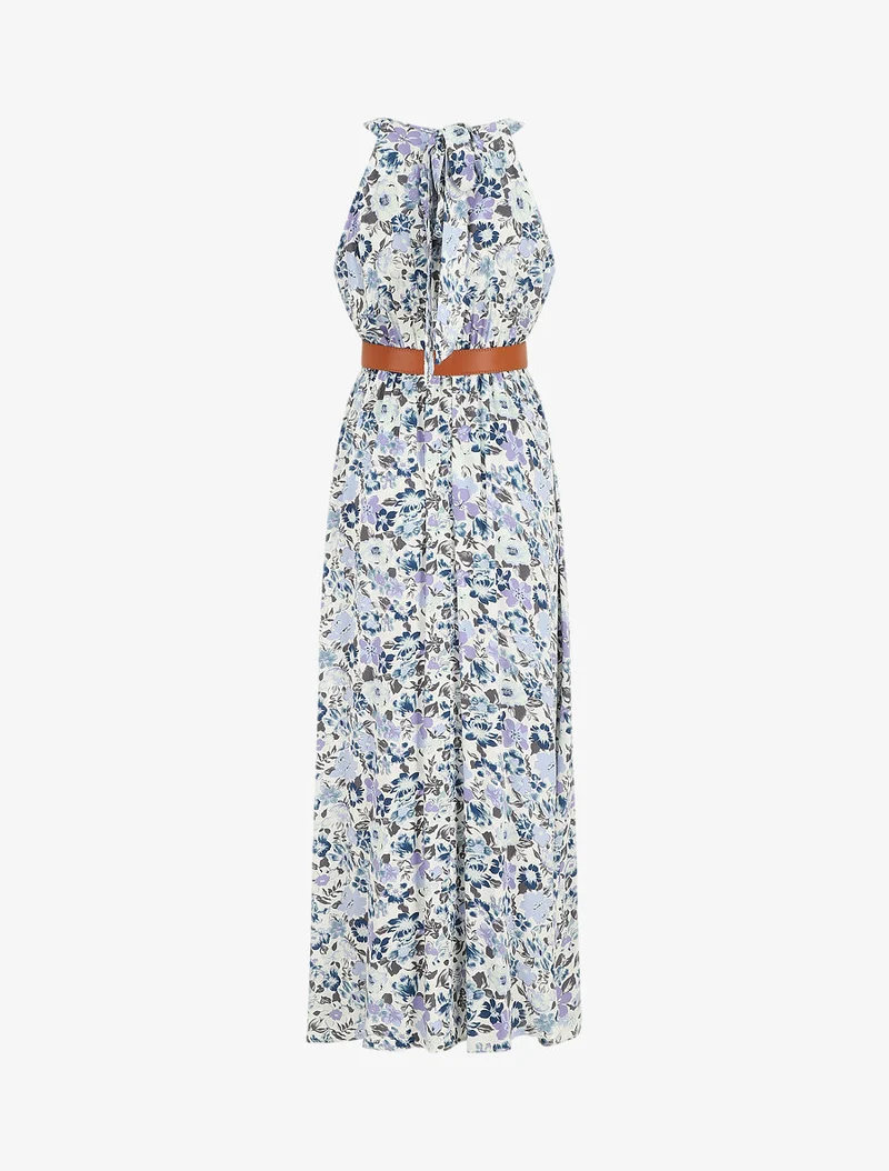 Robe longue empire à taille élastiquée - Bleu
