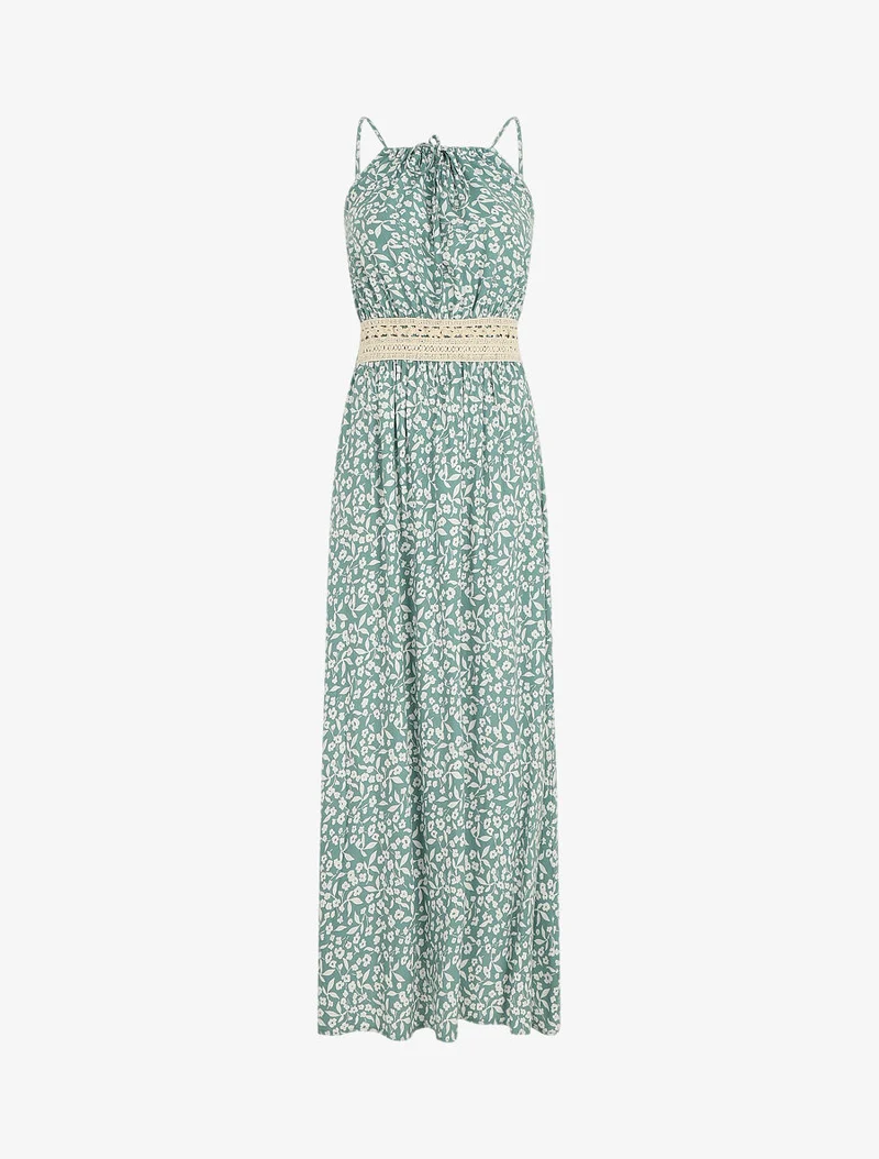 Robe longue à col américain et dentelle - Vert