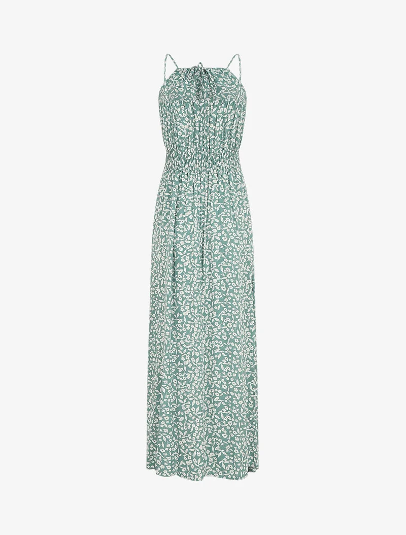 Robe longue à col américain et dentelle - Vert