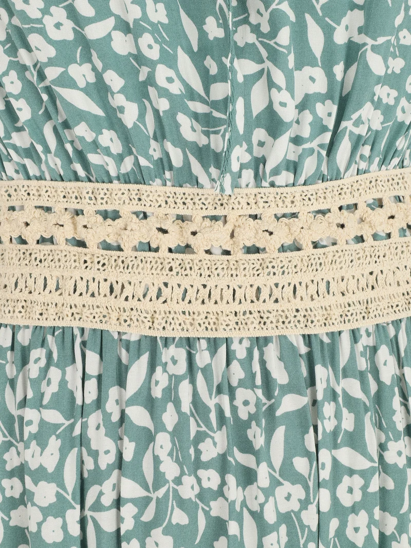 Robe longue à col américain et dentelle - Vert