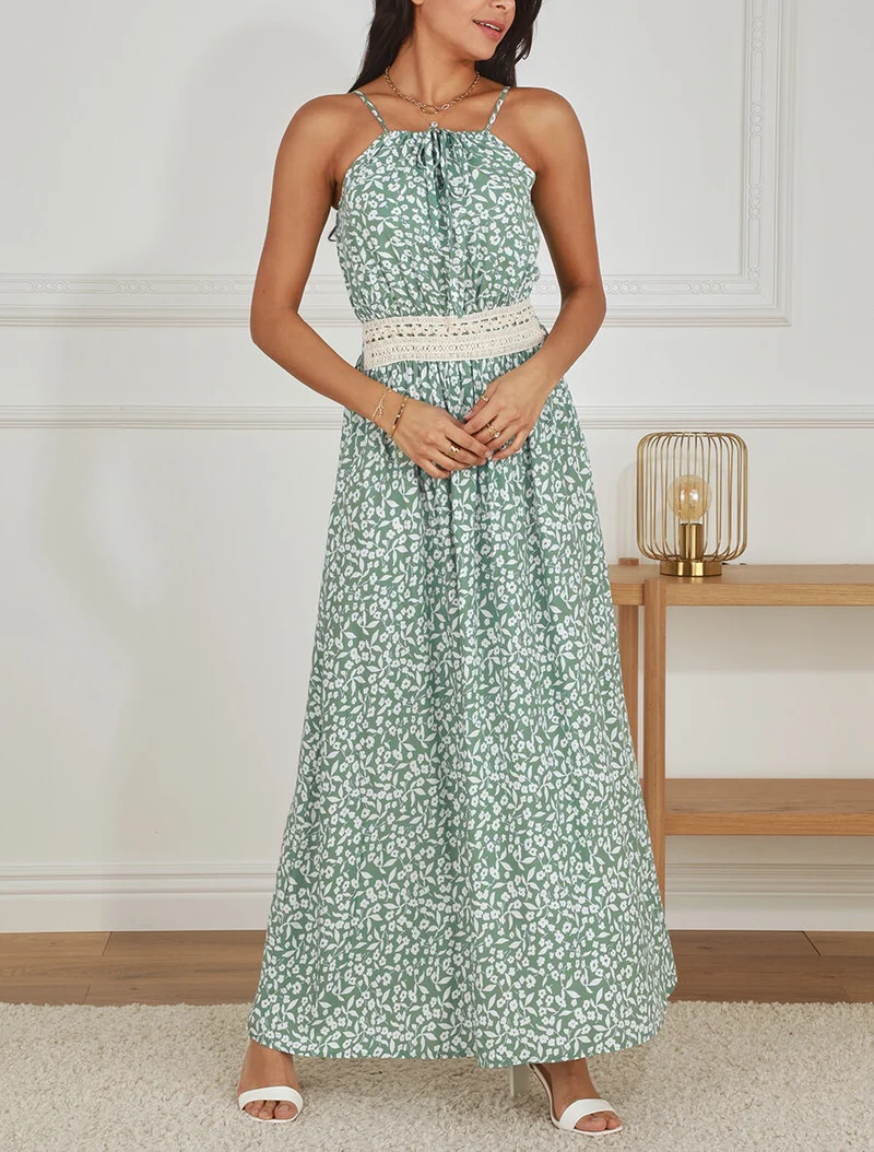 Robe longue à col américain et dentelle - Vert