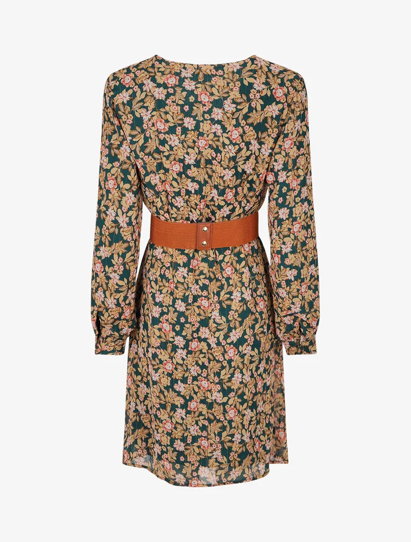 Robe mi-longue à imprimé fleuri et détail irisée - Vert